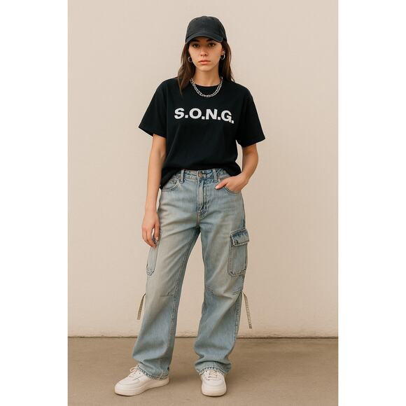 Y2K Baggy Cargo Jeans Light Wash Denim S.O.N.G. 13/31 - Picture 1 of 9